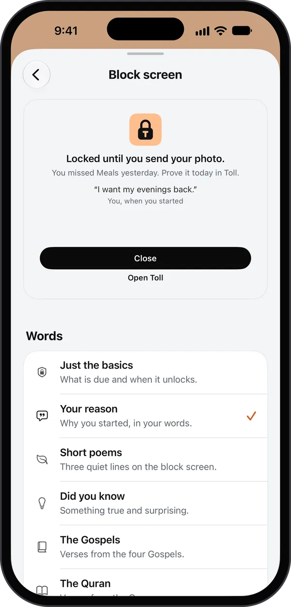 The Block screen page in Toll: a preview, Locked until you send your photo, with your own reason quoted, then the words to choose from: Just the basics, Your reason, Short poems, Did you know, The Gospels, The Quran.