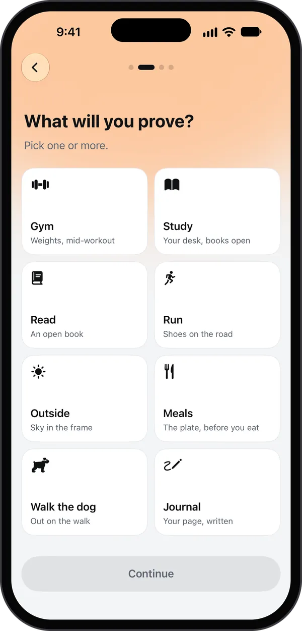 What will you prove? Pick one or more: Gym, Study, Read, Run, Outside, Meals, Walk the dog and Journal, each with what its photo shows.