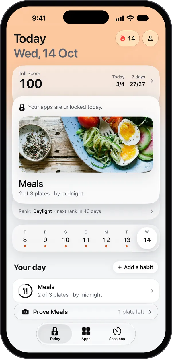 Toll's Today page: a 14-day streak, a score of 100, Your apps are unlocked today, a photo of Meals at 2 of 3 plates by midnight, the week strip with every day kept, and Prove Meals in the bar at the bottom.