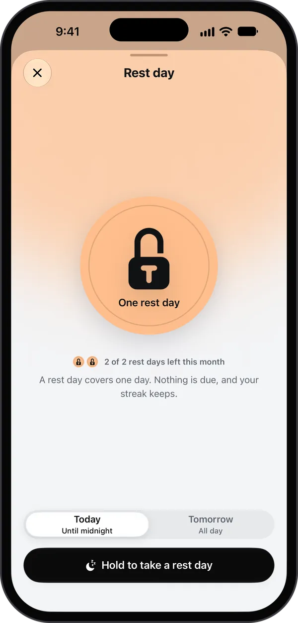 The rest day sheet in Toll: One rest day, 2 of 2 rest days left this month. A rest day covers one day. Nothing is due, and your streak keeps. Today until midnight or Tomorrow all day, and Hold to take a rest day.