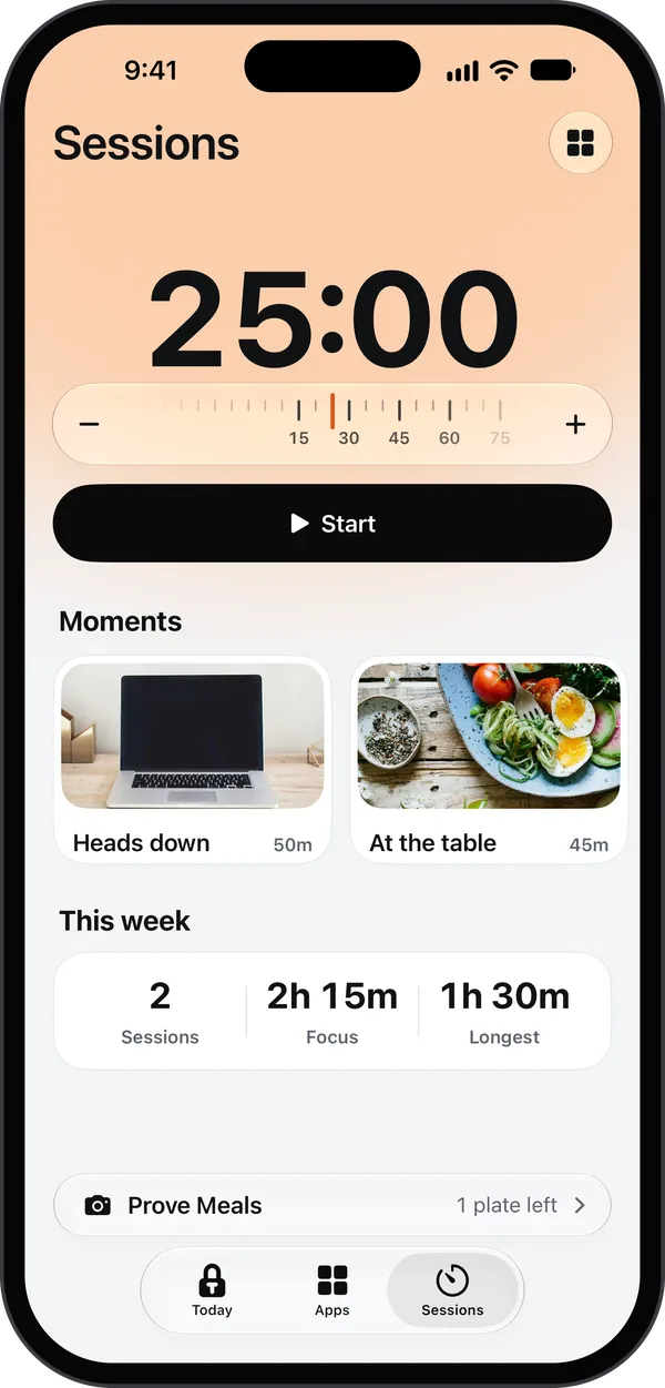 Sessions in Toll: 25:00 on a dial of minutes and a Start button, Moments such as Heads down for 50 minutes and At the table for 45, and this week's 2 sessions, 2 hours 15 minutes of focus.
