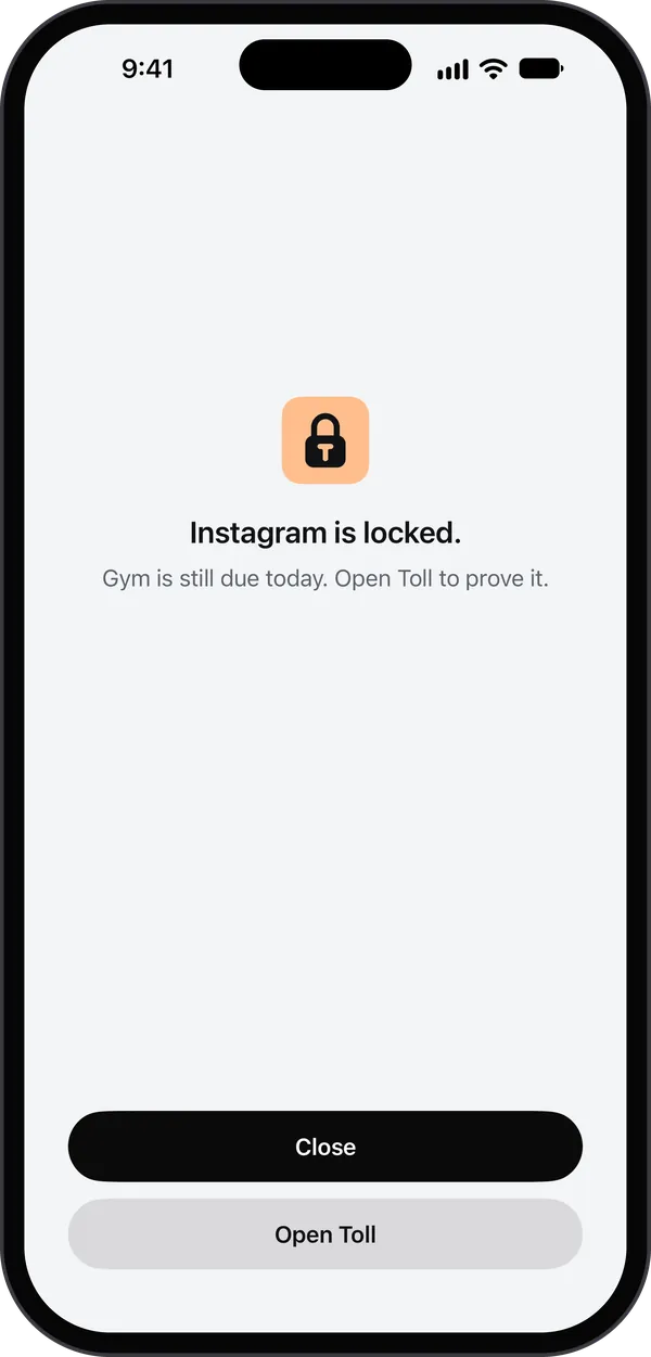 Toll's block screen over a locked app: the Toll lock, Instagram is locked. Gym is still due today. Open Toll to prove it. Two buttons: Close and Open Toll.